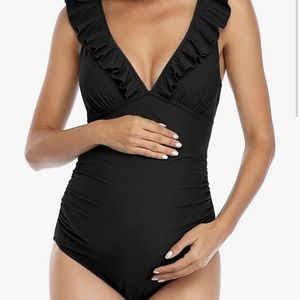 NWT Summer Mae Maternity Black V-Neck One Piece Ruffled Lace Up Swimsuit
